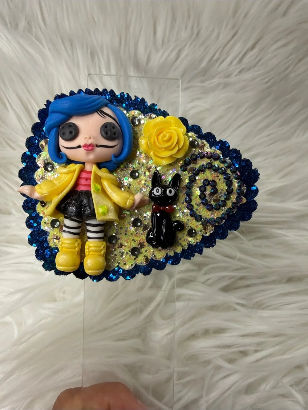 Caroline-Inspired Hair Clip with Blue Hair & Yellow Accents
